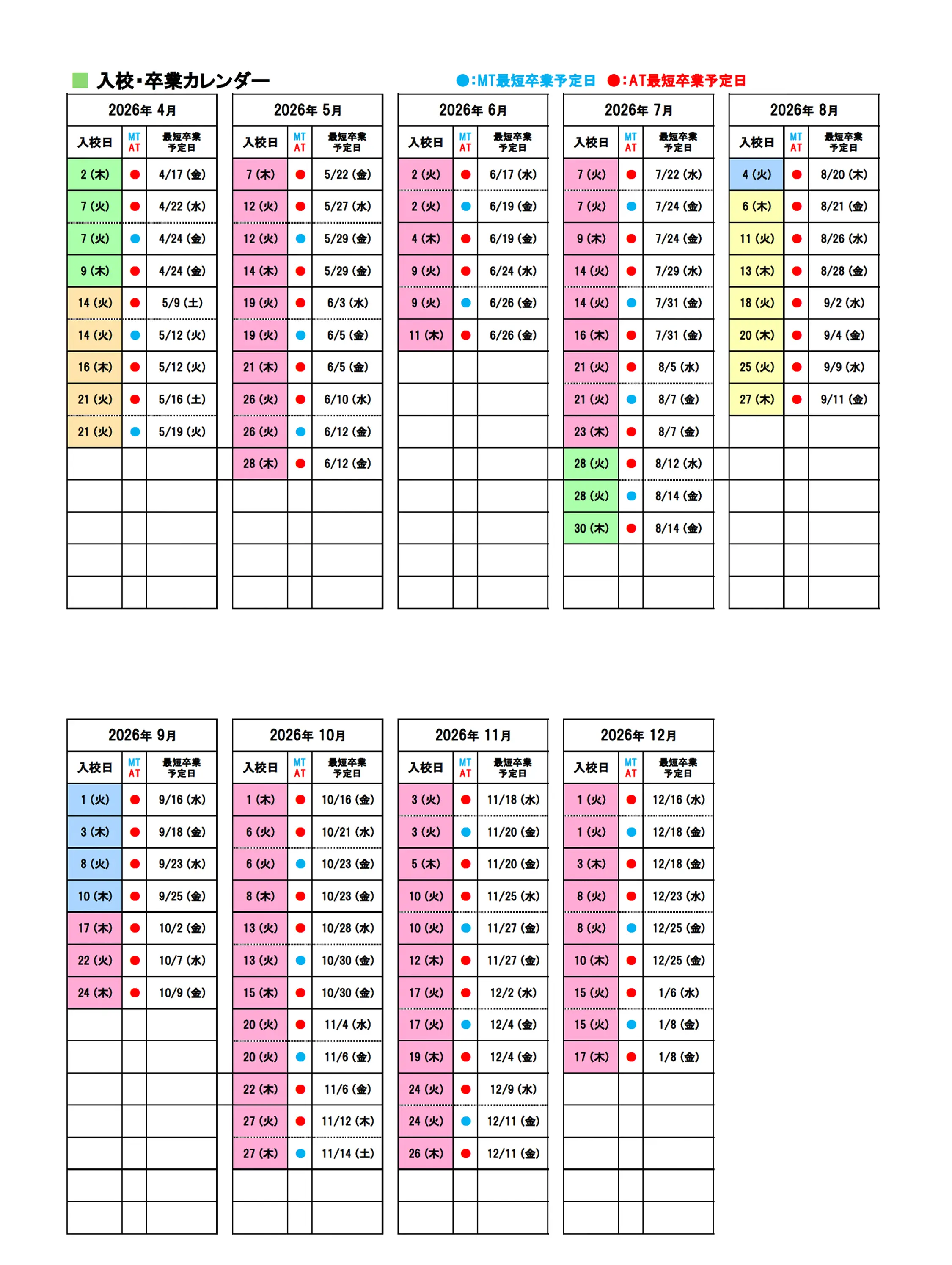 合宿入校カレンダー